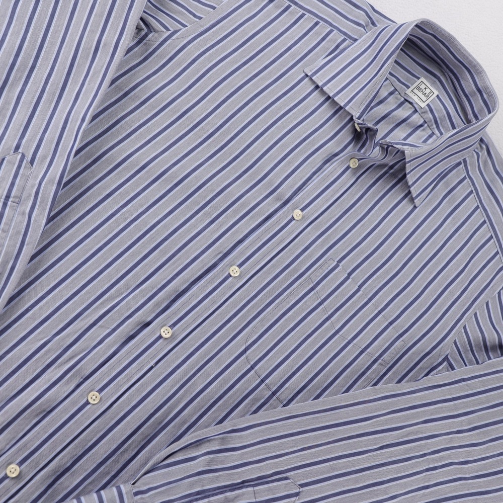 Ike Behar New York Men 16 36/37 Blue Grey Striped Cotton Dress Shirt Long Sleeve